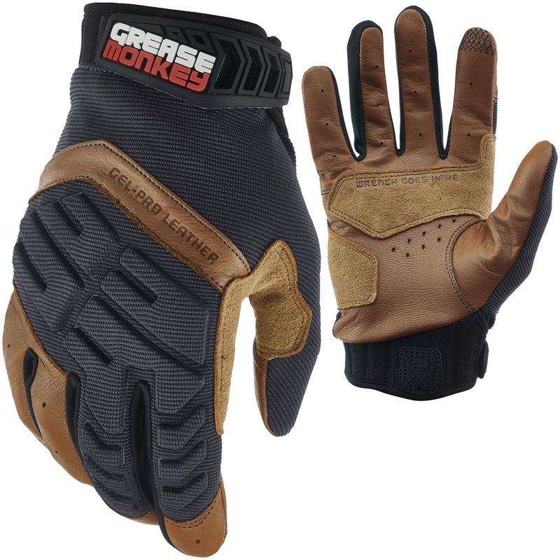 GREASE MONKEY Gel-PRO Leather Hybrid Mechanic Gloves, Leather Palm Work Gloves with Gel Impact Protection & Touchscreen Capability, Medium, Brown - Image 1